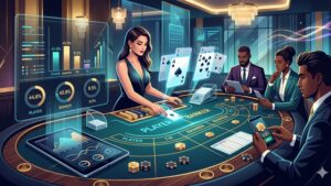 Иллюстрация процесса игры в баккара с картами и фишками в современном стиле