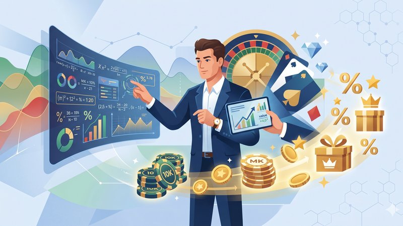 Иллюстрация с графиками и золотыми фишками, символизирующая математический расчет бонусов лояльности для хайроллеров.